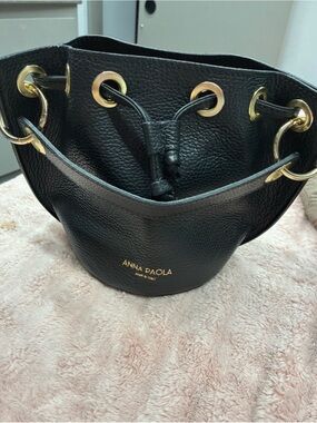 Anna Paola Black Leather Drawstring Tote